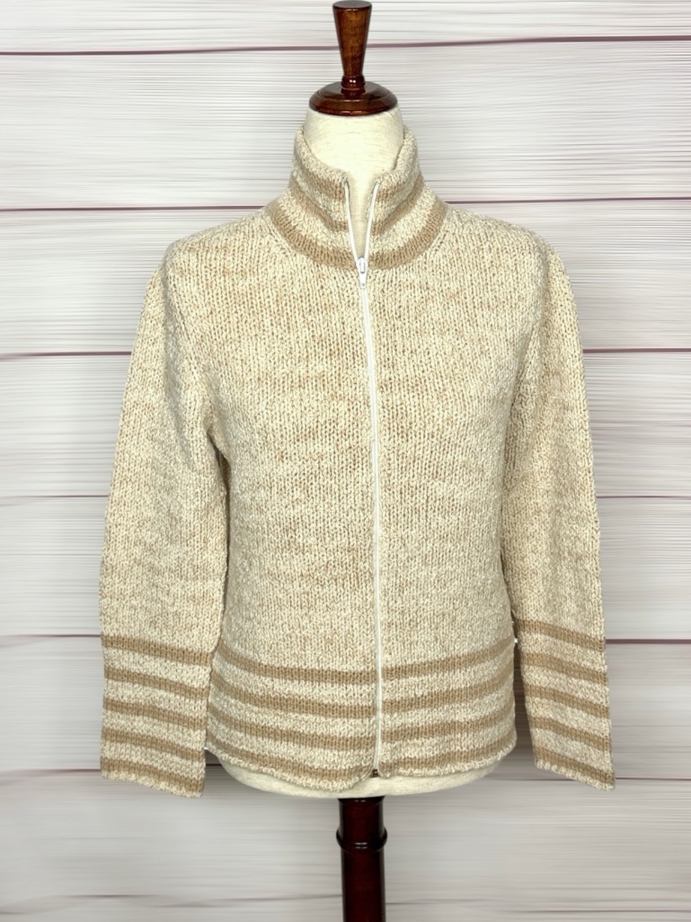 Hubert Gasser Italy Zip Front Cardigan Cashmere Wool Blend Cream Mock Neck M